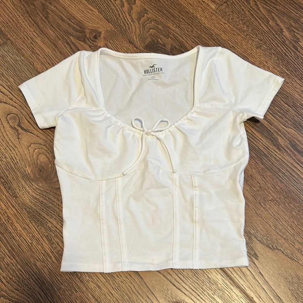 Hollister white short sleeve cinch neck top size small
